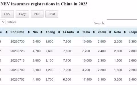 Data table: China EV weekly insurance registrations