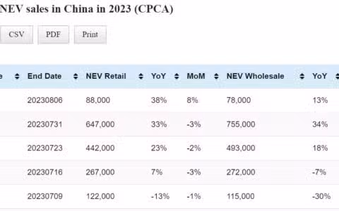 Data table: China NEV sales in Aug 1-6