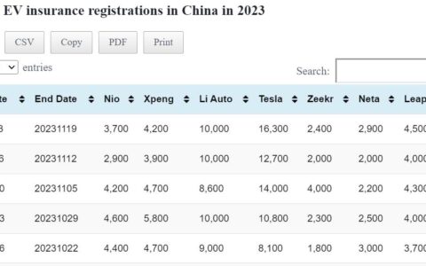 Data table: China EV weekly insurance registrations