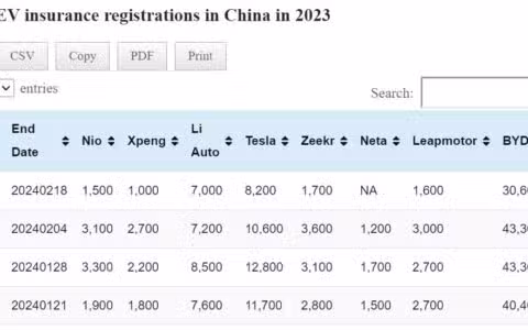 Data table: China EV insurance registrations in Feb 5-18