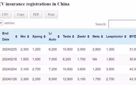 Data table: China EV insurance registrations in Feb 19-25