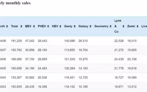 Geely sales in Aug: 181,229
