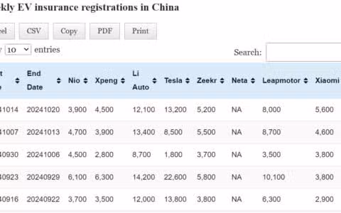 Data table: China EV insurance registrations in Oct 14-20