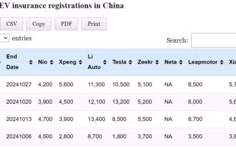 Data table: China EV insurance registrations in Oct 21-27