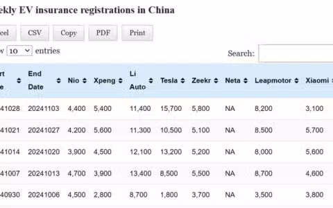 Data table: China EV insurance registrations in Oct 28-Nov 3