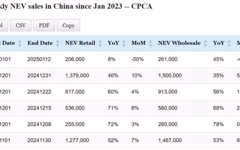 Data table: China NEV sales in Jan 1-12
