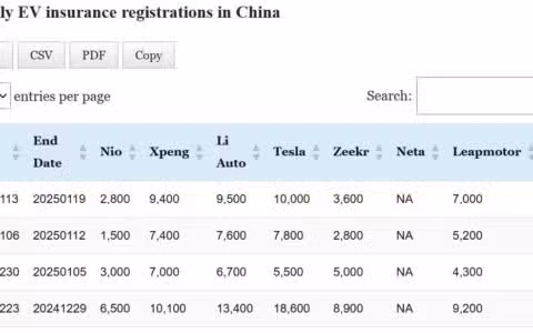Data table: China EV insurance registrations in Jan 13-19
