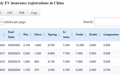 Data table: China EV insurance registrations in Feb 24-Mar 2