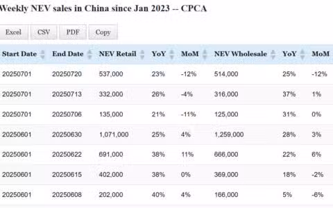 Data table: China NEV sales in Jul 1-20