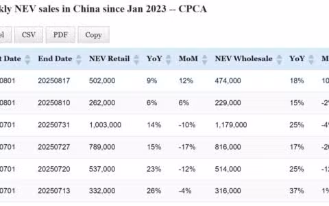 Data table: China NEV sales in Aug 1-17