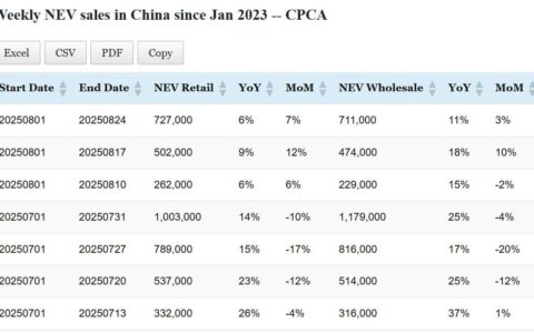Data table: China NEV sales in Aug 1-24