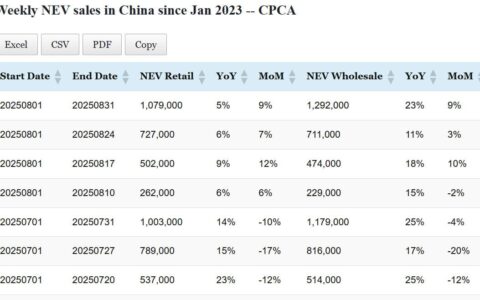 Data table: China NEV sales in Aug 1-31